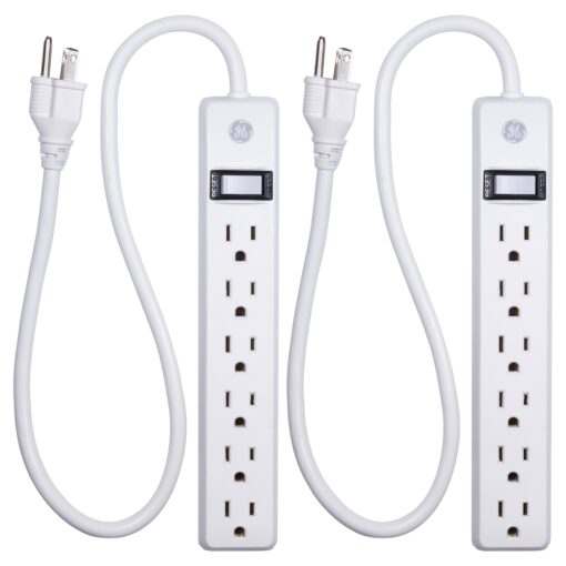 GE 6-Outlet Power Strip 2 Pack, 2 Ft Extension Cord, On/Off Switch, Integrated Circuit Breaker, Heavy Duty, UL Listed, White, 14087