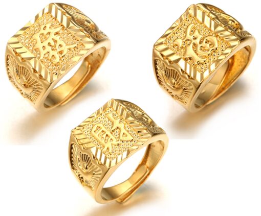 Halukakah Mens Gold Ring Diamond 3PCs Set,18K Real Gold/Platinum Filled Kanji Rich/Luck/Wealth Lab Diamonds Prong Set Size Adjustable,Gift for Men Gold Plated 3 Rings Set