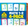 School Zone - Math 1-2 4-Pack Flash Cards - Ages 4+, 1st Grade, 2nd Grade, Addition 0-12, Subtraction 0-12, Numbers 1-100, Math War Addition & Subtraction, Numerical Order, Counting, and More