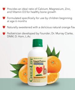 CHILDLIFE ESSENTIALS Liquid Calcium Magnesium Supplement - Healthy Bone Growth for Children, Zinc, & Vitamin D3, All-Natural, Gluten Free & Non-GMO - Natural Orange Flavor, 16 Oz Bottle (Pack of 2) 16 Fl Oz (Pack of 2) 16 81BAglXSxQL