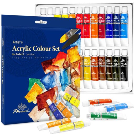 PHOENIX Acrylic Paint Set, 24x12ml Tubes, Non-toxic Craft Christmas Color Paints for Canvas, Wood, Ceramic, Great Value Painting Supplies for Adults Kids & Beginners studio grade 0.4 fl oz (pack of 24)