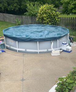 INTEX 28031E Pool Cover: For 12ft Round Metal Frame Pools – Includes Rope Tie – Drain Holes – 10in Overhang – Snug Fit 12-Foot 22 81BDeh1jRoL