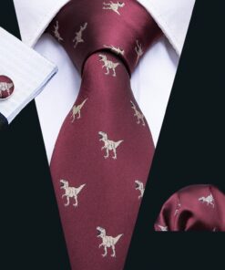 Barry.Wang Fun Animal Ties for Men Designer Handkerchief Cufflink WOVEN Casual Necktie Set A Burgundy Dinasour 19 81BDgcokTQL