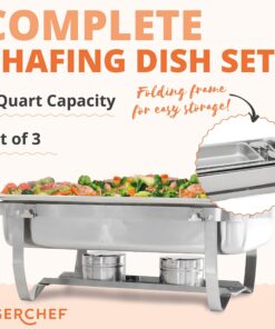 Complete Stainless Steel Chafing Dish Set by TigerChef, Buffet Food Warmer with Foldable Frame, Fuel Holders with Covers, Food Pans, Water Pan, Elegant Buffet Set for Parties, 8 Qt Capacity, Set of 3 2 Half Inserts 8 81BEevg7QuL