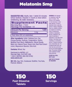 Natrol Melatonin 5mg, Strawberry-Flavored Dietary Supplement for Restful Sleep, 150 Fast-Dissolve Tablets, 150 Day Supply 150 Servings (Pack of 1) 14 81BFrI2GCOL