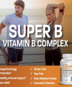 Bronson Super B Vitamin B Complex Sustained Slow Release (Vitamin B1, B2, B3, B6, B9 - Folic Acid, B12) Contains All B Vitamins 100 Tablets Unflavored 100 Count (Pack of 1) 15 81BIcHcS GL