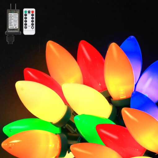 RECESKY C9 Christmas String Lights - 50 LED 32Ft Outdoor Smooth Bulb Light with Remote, 8 Modes Fairy Lighting for Patio Yard House Xmas Garland Christmas Tree Decorations, Multi Color Multicolor