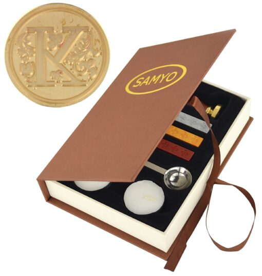 Samyo Wax Seal Stamp Kit Retro Creative Sealing Wax Stamp Maker Gift Box Set Brass Color Head with Vintage Classic Alphabet Initial Letter (K) Letter K