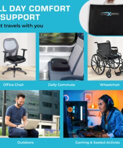 Xtreme Comforts Seat Cushion, Office Chair Cushions - Pack of 1 Padded Foam Cushion w/Handle for Desk, Wheelchair & Car Use - Back Support Pillow for Chair - Travel Bag Included Coccyx Coccyx Black 26 81BPckHjPJL