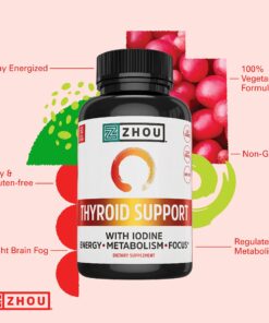 Zhou Thyroid Support Complex with Iodine Supplement, Increase Energy, Fight Brain Fog with Vitamin B12, Iodine, Magnesium, Zinc, Selenium, No Soy, Gluten-Free, 30 Servings, 60 Caps 22 81BQMVh0STL
