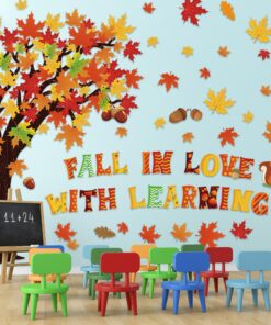 123 PCS Fall Classroom Tree Decorations Maple Leaves Bulletin Board Cutouts Fall in Love with Learning Decors Autumn Party Supplies with Glue Points for School Blackboard Chalkboard 12 81BZ1EJg9fL