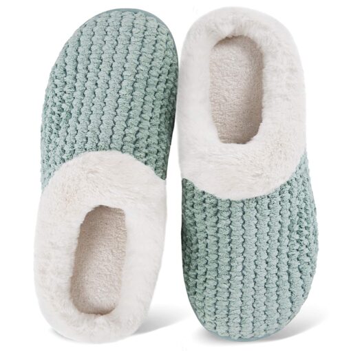 Women's Memory Foam Slippers Comfort Wool-Like Plush Fleece Lined House Shoes for Indoor & Outdoor 7.5-8.5 Green