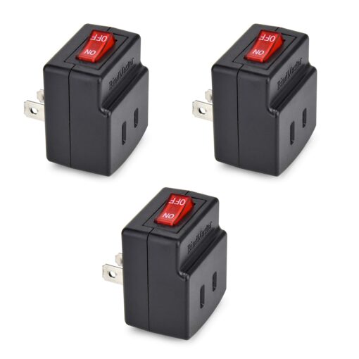 BindMaster 2 Prong Single Port Power Adapter for Outlet with Red Light Indicator On/Off Switch to be Energy Saving, Black {3 Pack}…… 3 Pack Black 2 Prong