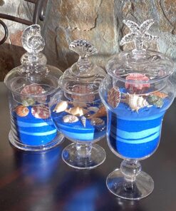 MyGift Clear Glass Apothecary Jars with Lid, Decorative Seashell Design Bathroom Canister, Footed Candy Buffet Containers, Set of 3 33 81Bw64mtvlL