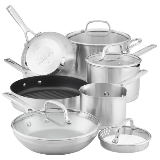 KitchenAid 3-Ply Base Stainless Steel Cookware Pots and Pans Set, 10 Piece, Brushed Stainless