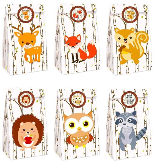 MOAXMOA 24pcs Woodland Party Favor Bags Animal Candy bags Party Treat Gift Bags with Stickers - Birthday Baby shower Theme Party Decorations Supplies, 6 Styles