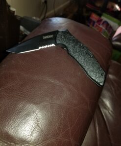 Kershaw Kuro Tanto Black Serrated Pocket Knife, 3.1” Steel Blade with Assisted Opening, Glass-Filled Nylon Handle with Deep-Carry Pocketclip, Small Folding Knife 40 81C8HwmyP5L