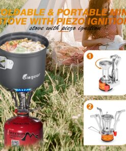 Bisgear Camping Cookware Portable Backpacking Stove Canister Stand Tripod Stainless Steel Cup Flatware Mess Kit - Camping Pot and Pans Cooking Set - Camping Gear Must Haves 12 pcs(Green) 19 81CAPcbJVXL