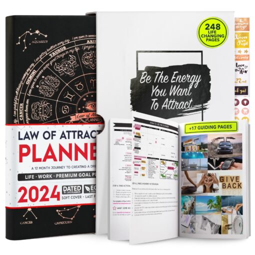 Law of Attraction Planner 2024 - Deluxe Weekly, Monthly Planner, a 12 Month Journey to Increase Productivity & Happiness, Life Organizer, Gratitude Journal, Stickers, Gift Box BLACK ASTRO Dated