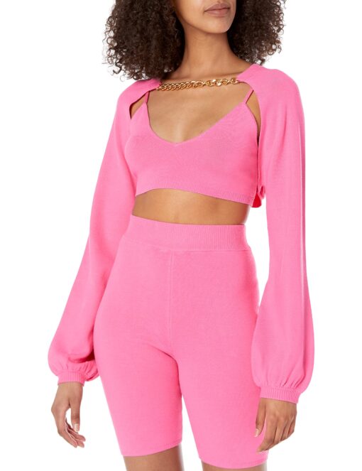 The Drop Women's Miya Bell Sleeve Sweater Shrug With Chain Medium Rose Pink