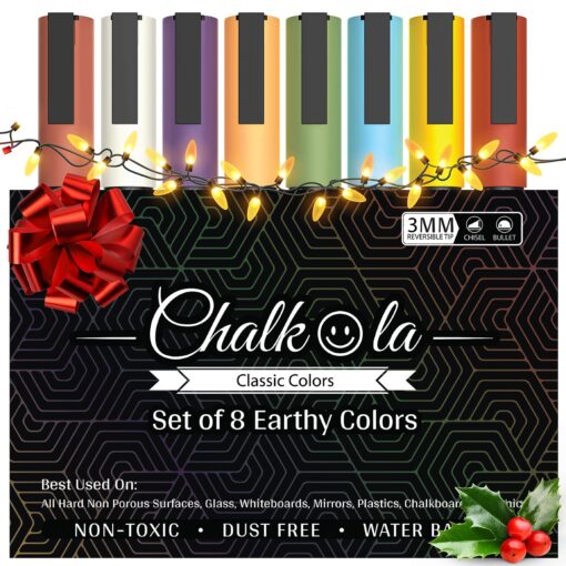 Fine Tip Chalkboard Chalk Markers (8 Pack 3mm) Classic Earth Color Ink - Erasable Dry Erase Marker Pens for Blackboards, Bistro, Window | 3mm Reversible Bullet & Chisel Point 3mm Fine Tip - Earth / Classic