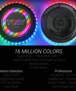 TOSY Flying Disc - 16 Million Color RGB or 36 or 360 LEDs, Extremely Bright, Smart Modes, Auto Light Up, Rechargeable, Cool Fun Christmas, Birthday & Camping Gift for Men/Boys/Teens/Kids, 175g frisbee RGB Disc (Multi-color) 8 81CRjG3ndL
