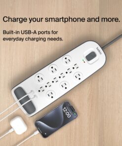 Belkin USB Power Strip Surge Protector - 12 AC Multiple Outlets & 2 USB Ports - 6 ft Long Flat Plug Extension Cord for Home, Office, Travel, Computer Desktop & Charging Brick - White (3,996 Joules) 1 Pack 26 81Cfw21i2VL