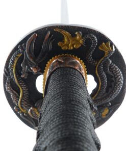 Makoto Hand Forged Razor Sharp 41" Black Samurai Katana Sword - Hand Painted High Gloss Black Scabbard Dragon_Round Tsuba 19 81Cj918 ARL