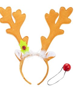 Alternative view of SCS Direct Christmas Holiday Reindeer Antlers Headband w Light Up Nose Costume Deer Outfit for Adult Men Women, Kids Party Favor, Barcrawl, Cosplay, Seasonal Gift Exchange, One Size Hair Accessory