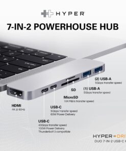 HyperDrive USB C Hub, Hyper Duo 7-in-2 USB C Adapter - MacBook Pro Adapter with Magnetic Grip, 4K HDMI, USB-C 40Gbps 100W PD, 3.1 USB-A, MicroSD/SD - Space Gray 30 81CskfZXPSL