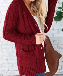 Alternative view of PRETTYGARDEN Women's Open Front Cardigan Sweaters Fashion Button Down Cable Knit Chunky Outwear Coats Large Wine Red