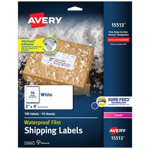 Avery Waterproof Shipping Labels with Sure Feed & TrueBlock 2" x 4", 100 White Laser Labels (15513) 100 labels