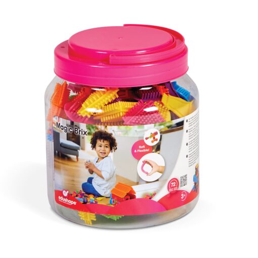 Edushape Magic Brix Interlocking Baby Building Blocks - 72 Pcs Toddler Blocks Interlocking Bricks in Reusable Storage - Stacking Blocks for Toddlers 3-5 with Travel Platform Fit for Play On The Go 72 Piece Set