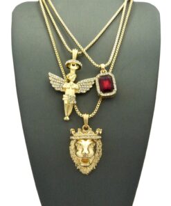 Alternative view of Fashion 21 Micro Colorful Gemstone, Angel, Lion Pendant 24",30" Box Chain 3 Necklace Set Gold Tone RC1413G Red