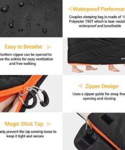 FUNDANGO 3-in-1 XL Queen Double 2 Person Sleeping Bag with 2 Pillows for Family, Couple, Adult, Oversize Lightweight Waterproof Warm Weather Sleeping Bag for Camping, Hiking, Backpacking, Blue BLACK 10 81DTGk8lP1L