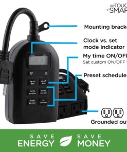 myTouchSmart Indoor and Outdoor Digital Timer, Plug-In, Two Grounded Outlets, Weather Resistant, Presets/ Custom Countdown, Ideal for String Lights, Christmas Lights, 26898 Digital 2 Grounded Outlet 1 Pack Black 18 81DZhEXCSWL