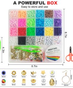 Redtwo 6200 Pcs Clay Beads Bracelet Making Kit, Flat Round Polymer Heishi Friendship Bracelet Jewelry Kit with Charms and Elastic Strings for Girls 8-12 Gifts for Kids 18 81Dirmw7tEL