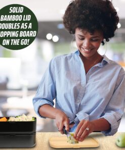 GRUB2GO Premium Bento Lunch Box (Large 68 Oz Capacity) | 2023 Exclusive, 70% Bigger | Includes Bamboo Chopping Board Lid, Carry Bag, 2 Dividers, Utensils, Sauce Container Premium 2021 Model: Executive Black (68 OZ) 38 81Dlpze4N7L