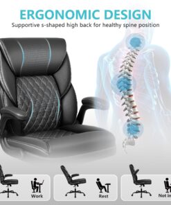 BestEra Office Chair, Executive Leather Chair Home Office Desk Chairs, Ergonomic Computer Desk Chair with Adjustable Flip-Up Arms, Lumber Support Swivel Task Chair with Rocking Function (Black) Black 27 81Dmgb85FzL