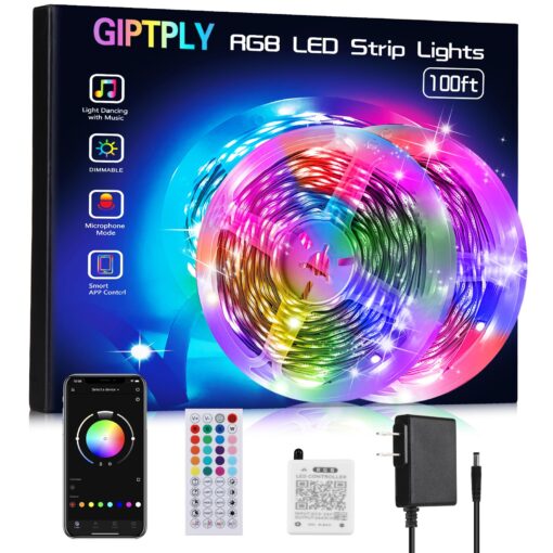 GIPTPLY Led Lights for Bedroom 100ft, Led Strip Lights, Music Sync Color Changing Led Lights with APP and 44 Keys Remote Control, Rope Lights, RGB Led Light Strips for Room Decor(50ft*2) 100 FT