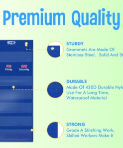 Calendar Pocket Chart, Classroom Monthly Pocket Chart with 76 Cards (68 Illustrated Activity Cards, 8 Dry Erase Blank Cards) plus 3 Over Door Metal Hangers for Classroom Home Preschool (20" x 19") Blue-style 2 20” X 19” 7 81DpGMmgl5L