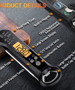 Meat Thermometer Digital, Waterproof Instant Read Meat Thermometers for Grilling and Cooking. Food Thermometer, Kitchen Gadgets, Accessories with Bottle Cap Opener for Kitchen, BBQ, Grill… Black 31 81E3wSOJIqL