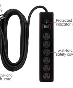Alternative view of GE 6-Outlet Surge Protector, 20 Ft Extension Cord, Power Strip, 800 Joules, Flat Plug, Twist-to-Close Safety Covers, Protected Indicator Light, UL Listed, Black, 50769 1 Pack