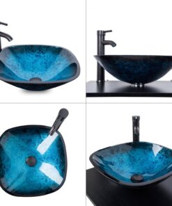 Elecwish Square Artistic Tempered Glass Vessel Sink Combo with Oil Rubber Bronze Faucet & Pop up Bathroom Bowl Ocean Blue (1/2" Compression) 12 81E5qMN1rL