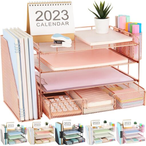 gianotter Paper Letter Tray Organizer with File Holder, 4-Tier Desk Accessories & Workspace Desk Organizers with Drawer and 2 Pen Holder for Office Supplies (Rose Gold) Rose Gold