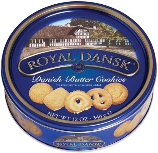 Royal Dansk 81997 Danish Butter Cookies, Blue Flat Display, Reusable Classic Tin Filled, Made of Real Butter, No Preservatives or Coloring Added, Net Weight 12 Ounce (340 gr)