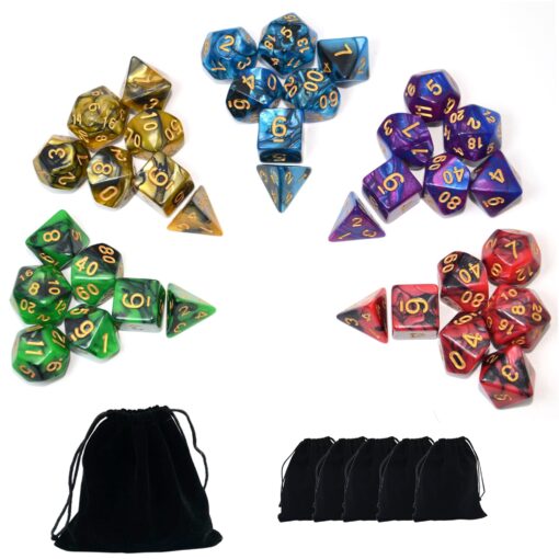 SmartDealsPro 5 x 7-Die Double-Colors Polyhedral Dice Sets with Pouches for D&D DND RPG MTG Dungeon and Dragons Table Board Roll Playing Games D4 D6 D8 D10 D% D12 D20 5-color Sets