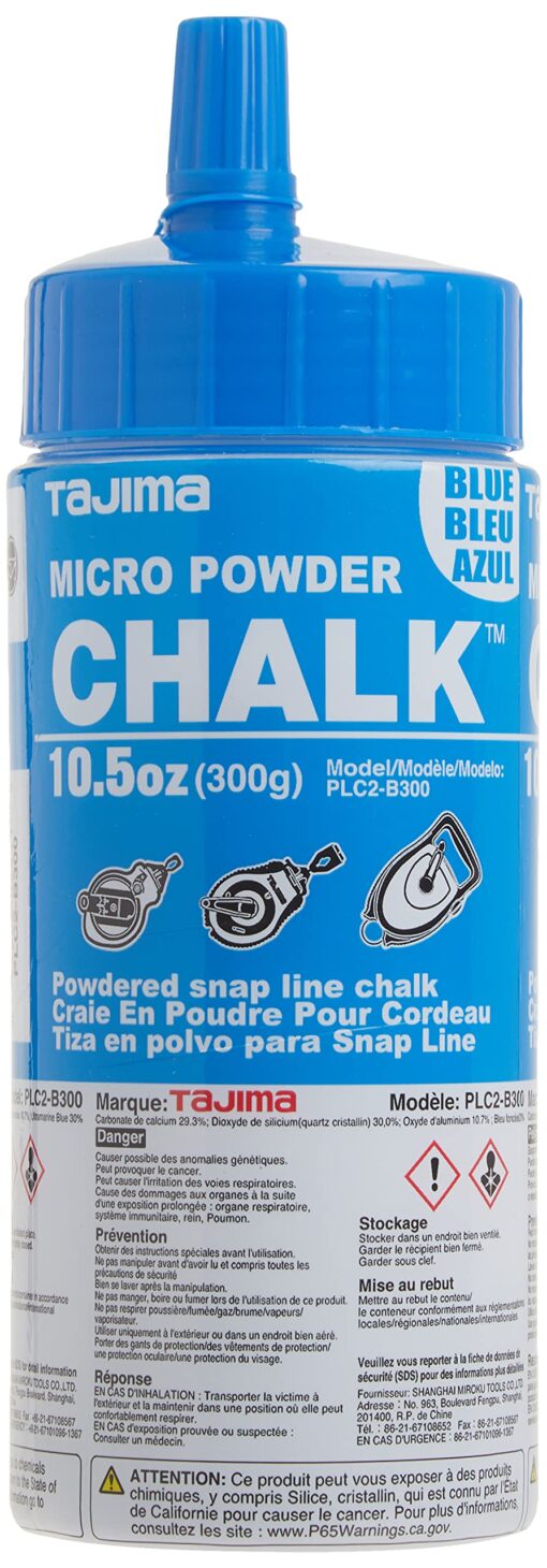 TAJIMA Micro Chalk - Blue 10.5 oz (300g) Ultra-Fine Snap-Line Chalk with Durable Bottle & Easy-Fill Nozzle - PLC2-B300 10.5 Ounce (Pack of 1)