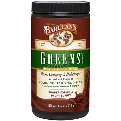 Barlean's Chocolate Greens Powder, Daily Fruits & Veggies Superfood Supplement, Green Antioxidant Blend & Fiber Super Power Smoothie Mix, 9.52 oz Chocolate Silk - 9.52 oz