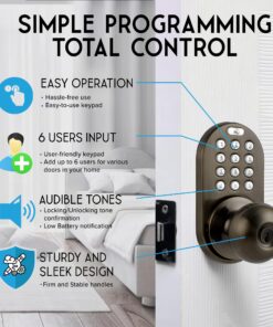 MiLocks TKK-02AQ Digital Door Knob Handle Lock with Electronic Keypad - Keyless Entry Smart Door Lock with Adjustable Latch Locks, Audible Tones for Interior Front Doors & More, Antique Brass 16 81EX8gi9FzL